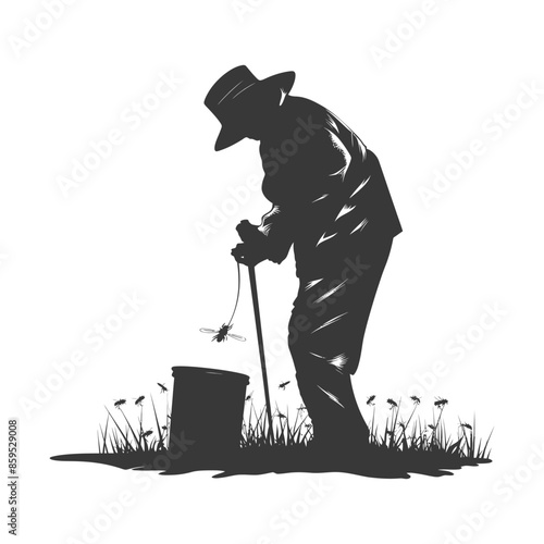 Silhouetted Beekeeper, Hat, Cane, and Hive with Swarming Bees, Graphic Illustration.