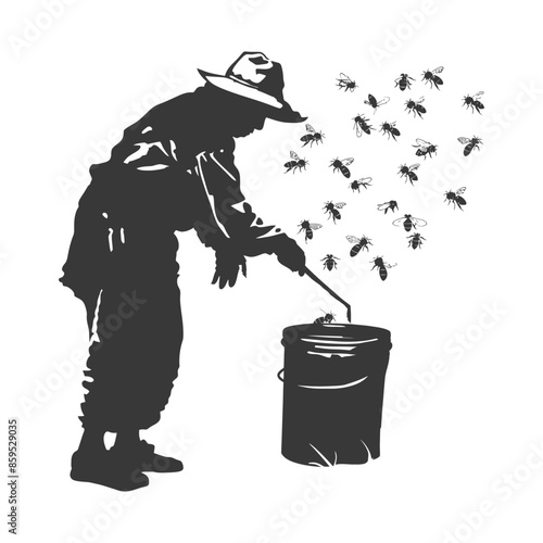 Beekeeper Silhouette: Swarm Emerging from Bucket, Monochrome Illustration.