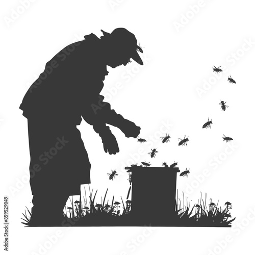 Beekeeper Silhouette: Releasing Bees From Hive, Isolated on White.