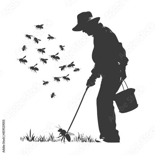 Beekeeper Silhouette with Swarm: Vintage Apiary Illustration.