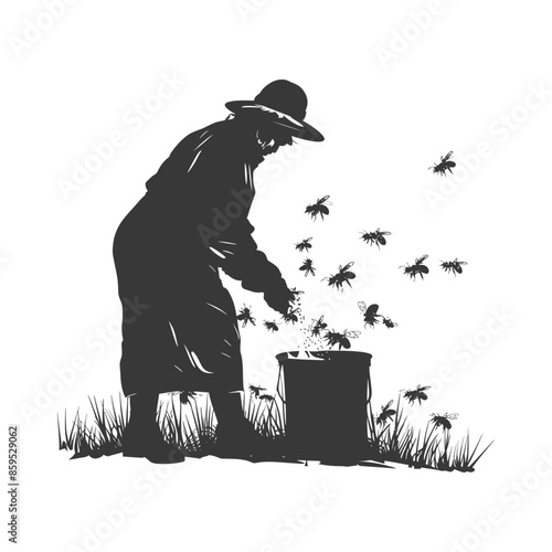 Beekeeper Silhouette: Woman with Bees and Bucket in Grassy Field