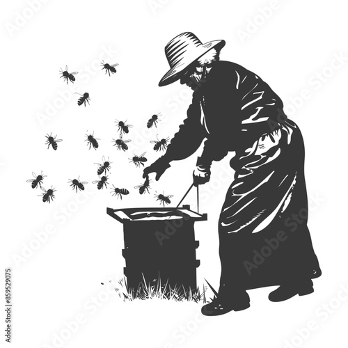 Beekeeper in Straw Hat, Bees Swarming a Hive, High-Contrast Silhouette.