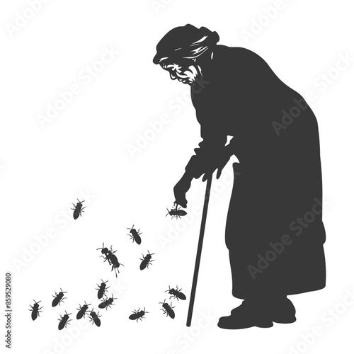 Silhouette of old woman with cane, surrounded by stylized beetles, isolated on white.