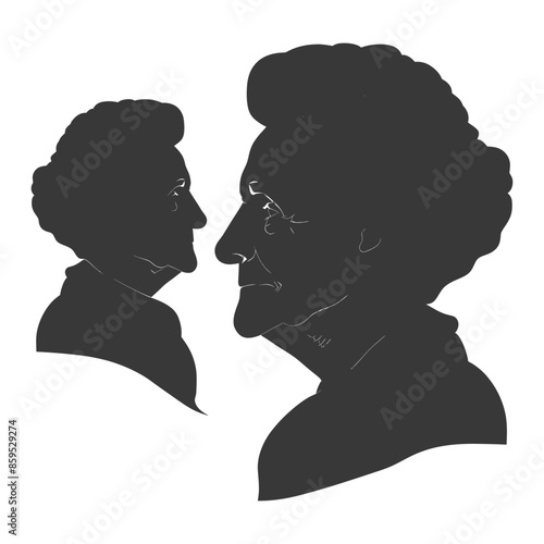 Silhouette of Two Older Women, Side Profiles, Antique Portrait Style.