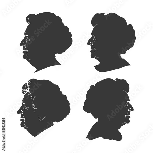 Elderly Woman Silhouettes: Four Side Profile Variations with Distinct Hair.