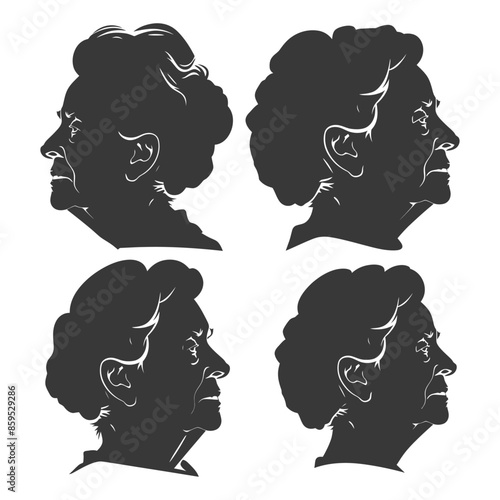 Elderly Woman Silhouette Quartet: Varied Head Shapes, Stern Profile Views