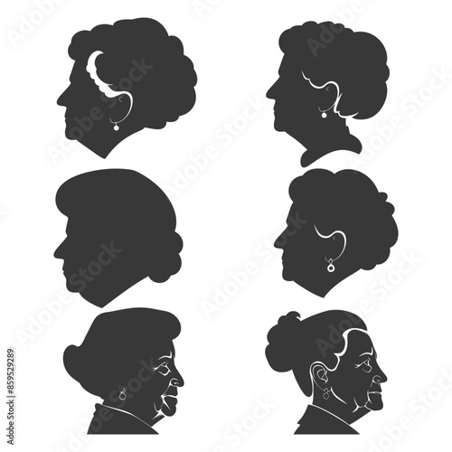 Silhouettes of Senior Women: Diverse hairstyles, profiles, vector set.