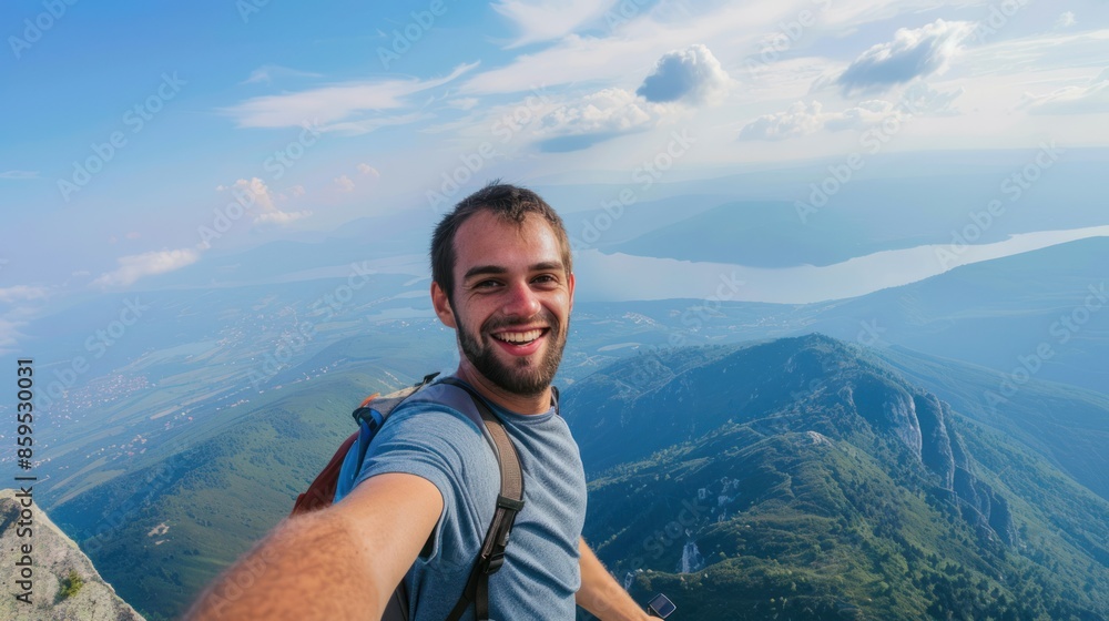 Happy Hiker Celebrating Atop a Mountain Happy Hiker Celebrating Atop a Mountain