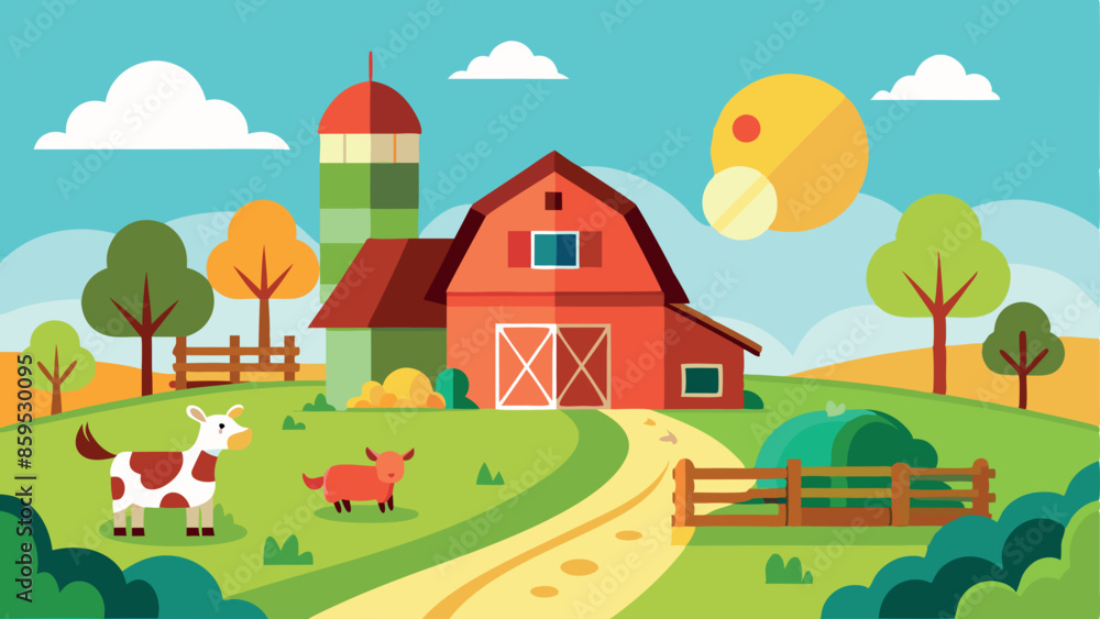 A farm scene with a red barn and a cow A farm scene with a red barn and a cow