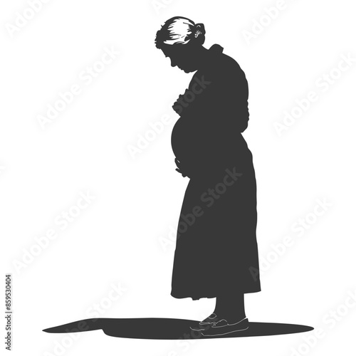Silhouette of pensive pregnant woman in profile, downcast gaze.