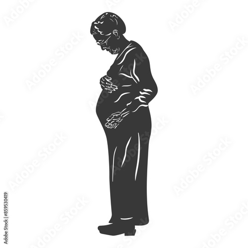 Silhouette of Expectant Elderly Woman, Holding Baby Bump, Profile.