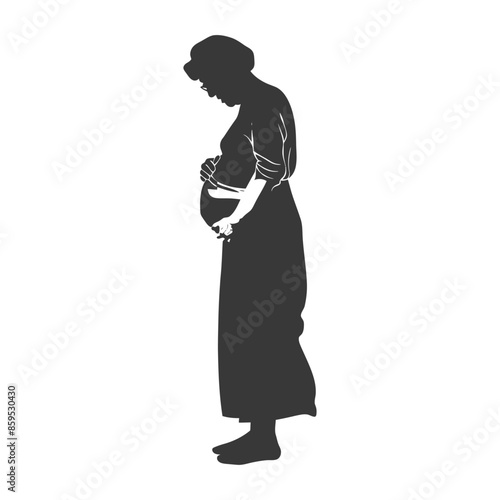 Silhouette of Pregnant Woman: Vintage Dress, Gentle Hands on Belly, Dark Figure.