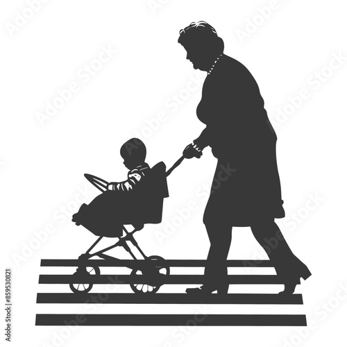 Silhouette: Grandmother Pushing Baby Stroller on Striped Path.