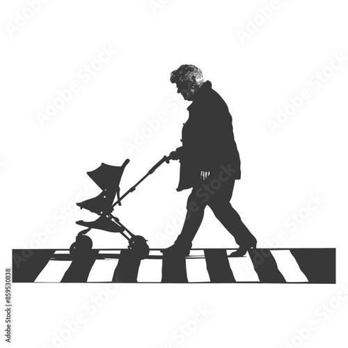 Monochrome Silhouette: Elderly Woman Pushing Stroller on Zebra Crossing, High Contrast.