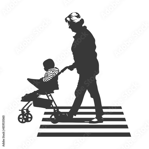 Silhouette: Grandmother Pushing Grandchild in Stroller Across Zebra Crossing, Isolated.