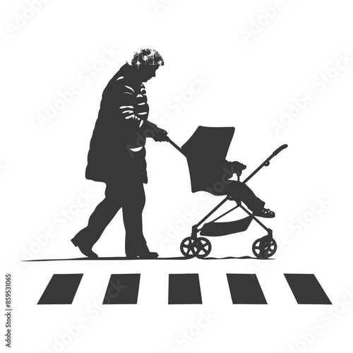 Silhouette: Elderly Woman & Stroller on Zebra Crossing, Urban Life, Pedestrian Safety