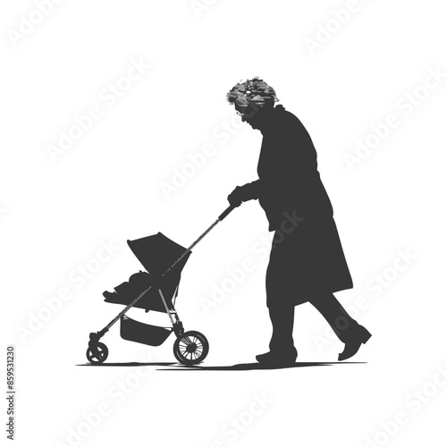 Silhouette of elderly woman with floral hat pushing stroller on white.