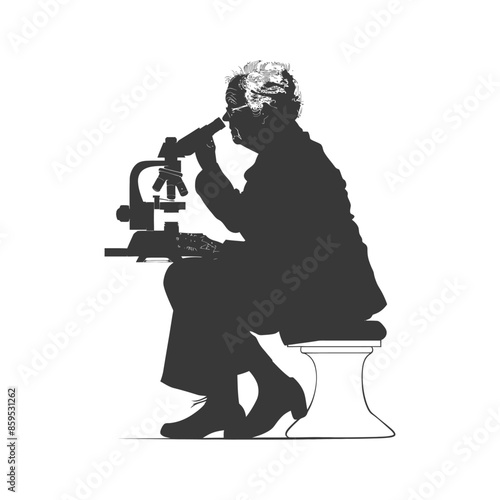 Silhouetted Senior Researcher: Woman at Microscope, Intense Focus, Scientific Discovery.