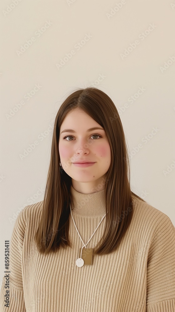 Obraz premium A young woman with long brown hair is wearing a tan sweater and a simple necklace