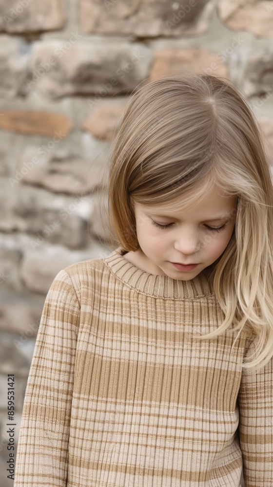 A young girl wearing a brown striped sweater stands against a stone wall A young girl wearing a brown striped sweater stands against a stone wall