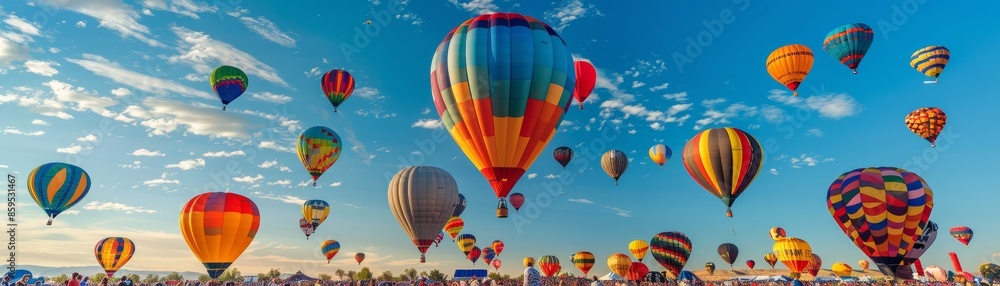 Naklejka premium Colorful hot air balloons float against a blue sky.