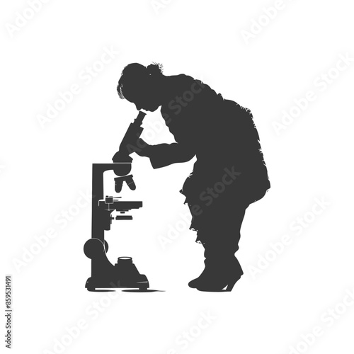 Silhouette of female scientist intensely focused on microscope, white background.