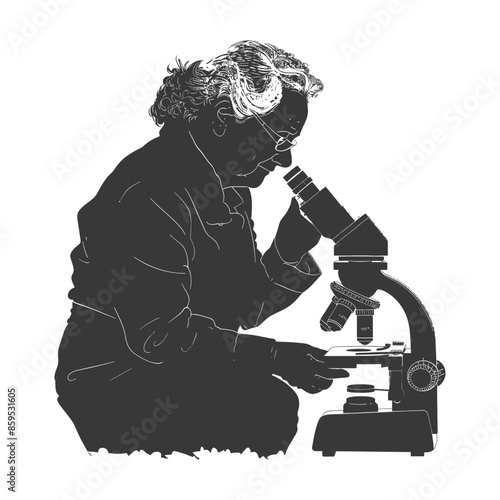 Silhouette of an Elderly Woman Examining a Slide Under a Microscope.