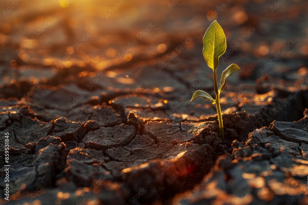 A young plant emerges from the parched soil at sunset, symbolizing hope and resilience A young plant emerges from the parched soil at sunset, symbolizing hope and resilience