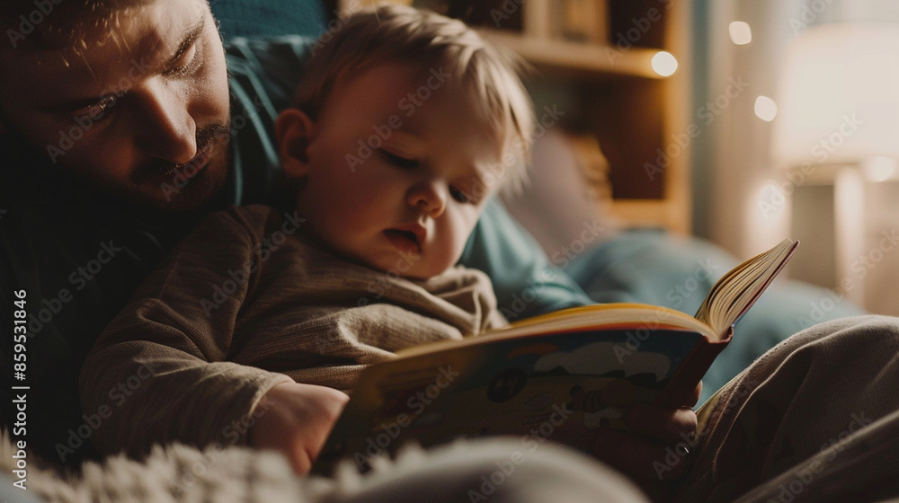 Close-up of an adult reading a bedtime story to a child with an open book Close-up of an adult reading a bedtime story to a child with an open book