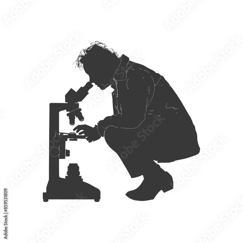 Silhouette of a Squatting Scientist Examining Specimen Under Microscope.
