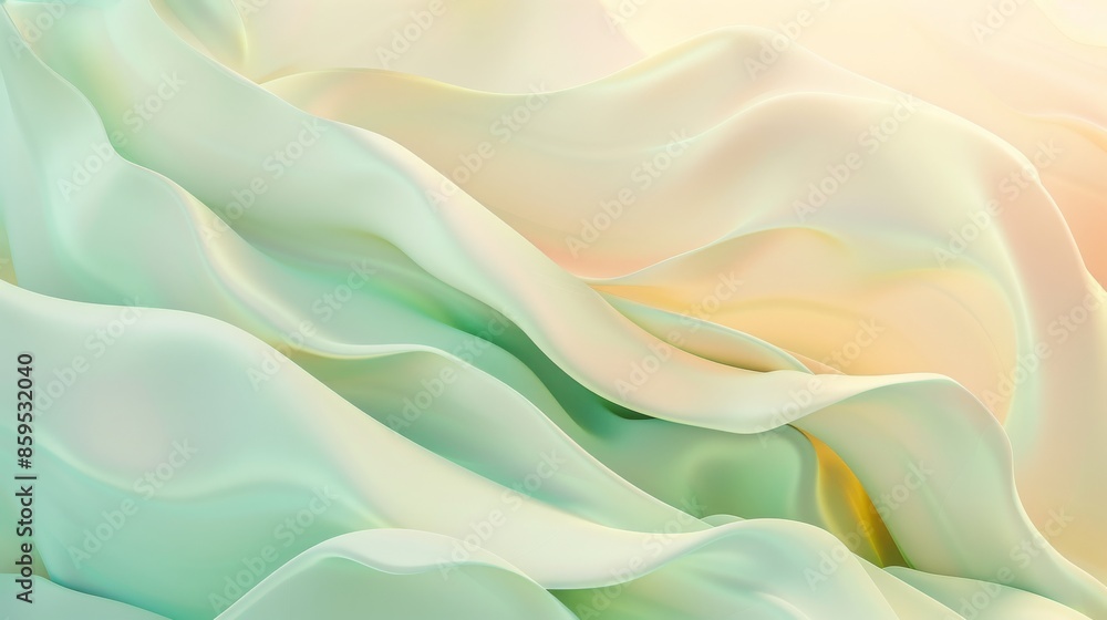 Obraz premium Fluid waves in soft green and yellow tones creating a soothing abstract background.