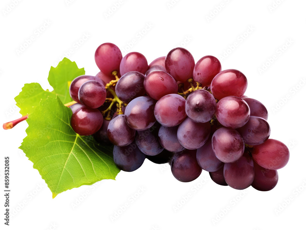 Fototapeta premium A bunch of ripe red grapes with a green leaf, isolated on a white background.