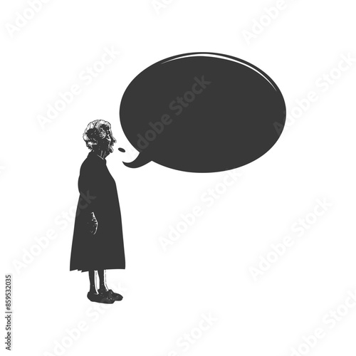 Silhouetted elderly woman with thought bubble on white background.