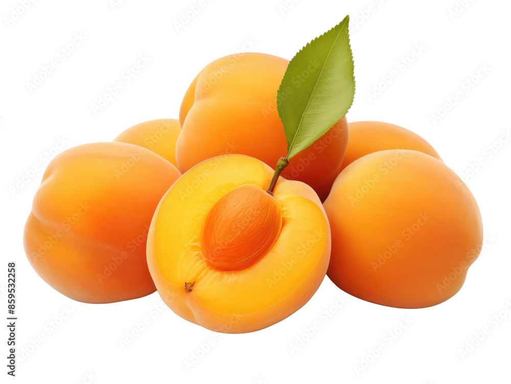 A group of ripe apricots, one cut open, with a green leaf. A group of ripe apricots, one cut open, with a green leaf.