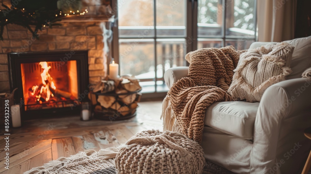 Fototapeta premium cozy hygge chair with books in front of the window ai generated