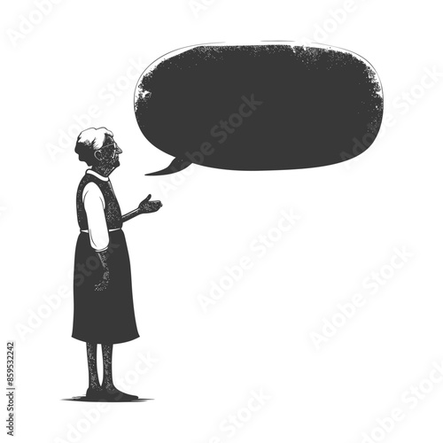 Elderly Woman with Empty Speech Bubble, Illustration, Black and White.