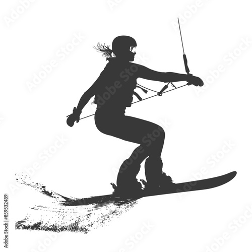 Silhouette Snowkiter: Female Athlete Catching Air, White Background