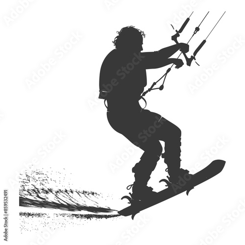 Kitesurfer Silhouette: Dynamic Water Sport, Extreme Ride, White Background