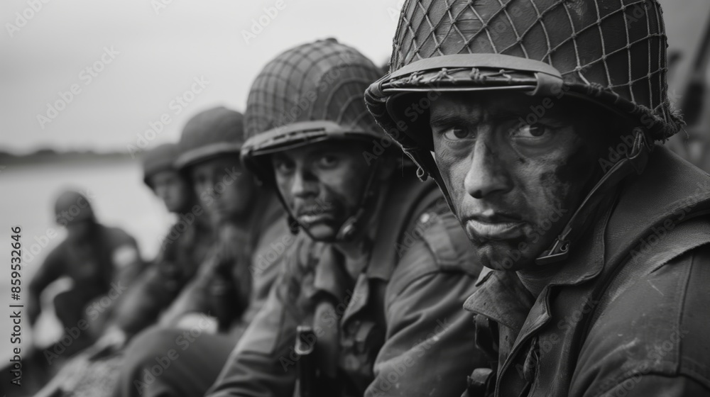 Close up tired and dirty soldiers with sad doomed look of D-day in the boat looking at camera Close up tired and dirty soldiers with sad doomed look of D-day in the boat looking at camera