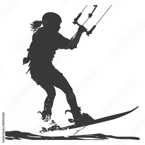 Kitesurfer Silhouette: Woman Rider, Water Sport, Extreme Recreation, Isolated on White Background.