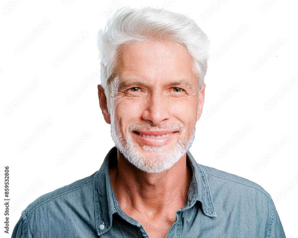 Handsome senior Caucasian man with gray hair smiling and looking to the camera. Isolated on PNG transparent background.Generated image Handsome senior Caucasian man with gray hair smiling and looking to the camera. Isolated on PNG transparent background.Generated image