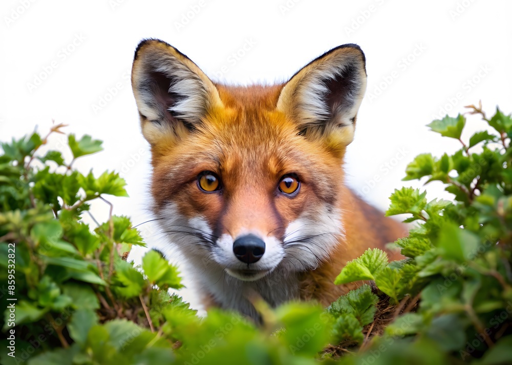 A Red Fox Peers Out From Behind Some Green Leaves And Looks At The Camera With Curiosity In Its Eyes. A Red Fox Peers Out From Behind Some Green Leaves And Looks At The Camera With Curiosity In Its Eyes.