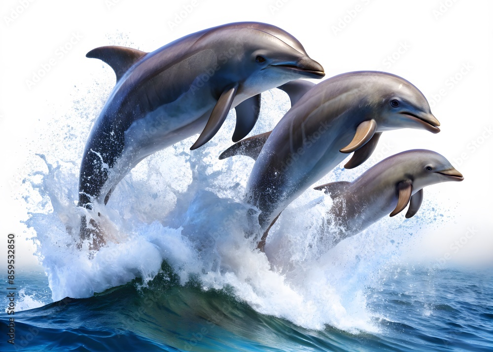 Obraz premium Three Dolphins Jumping Out Of The Water In A Choreographed Display Of Grace And Agility.