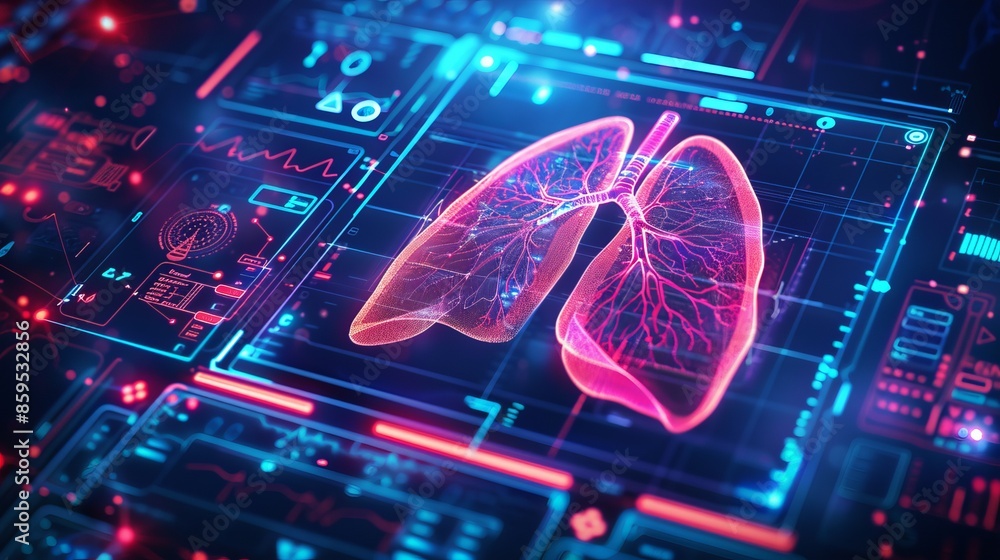 A lung Xray visualization on a digital interface with sythwavestyle neon accents, highlighting innovations in medical imaging techniques. synthwave doctor. Illustrations A lung Xray visualization on a digital interface with sythwavestyle neon accents, highlighting innovations in medical imaging techniques. synthwave doctor. Illustrations