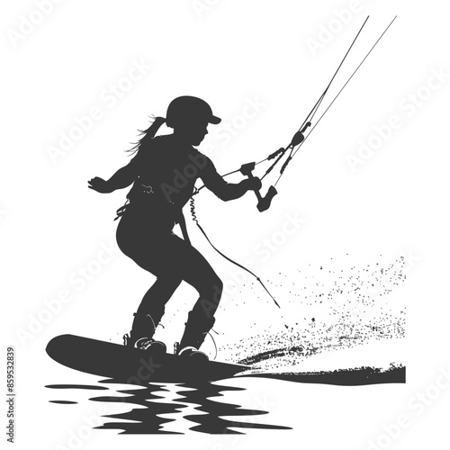 Kitesurfing Silhouette: Female Rider, Spray, Harness, Water Reflection, Action.