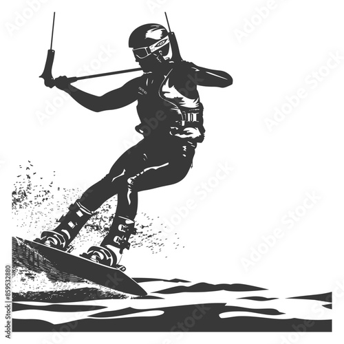 Kitesurfer Silhouette: High-Contrast Water Sport Action with Helmet and Spray.