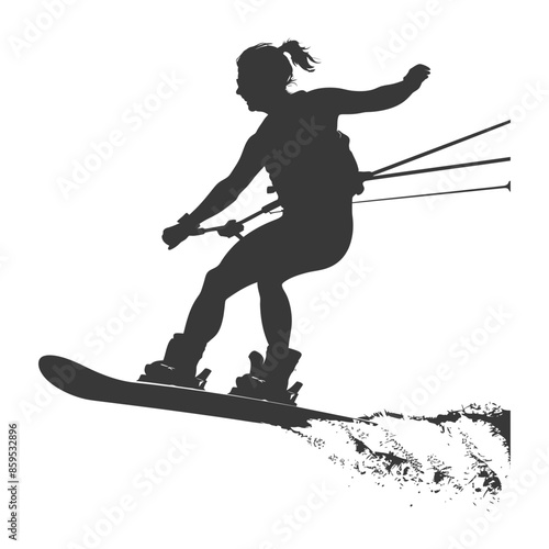 Waterskiing Silhouette: Agile Woman on Board, High-Contrast Action.