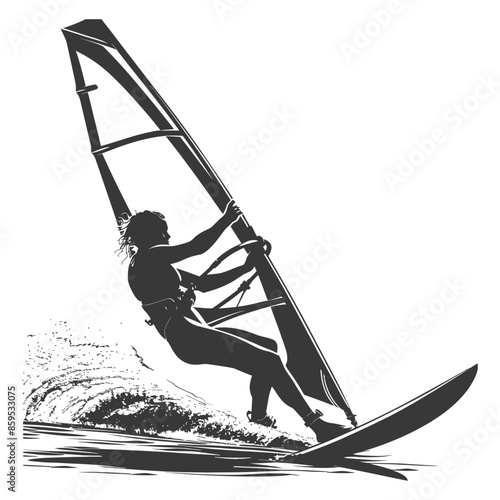 Windsurfer Silhouette: Woman Riding the Waves, Graphic Vector Illustration