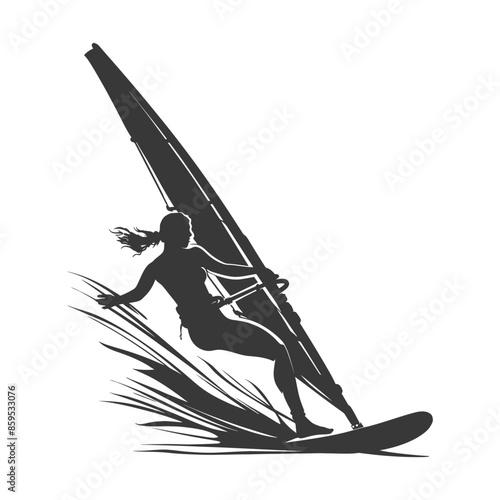 Windsurfer Silhouette: Woman in Motion, Water Splashes, Active Lifestyle Icon.