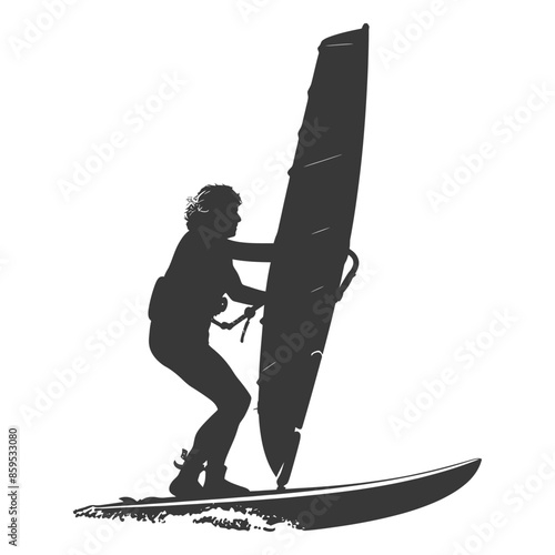 Windsurfer Silhouette: Curly Hair, Leash, Riding the Waves.